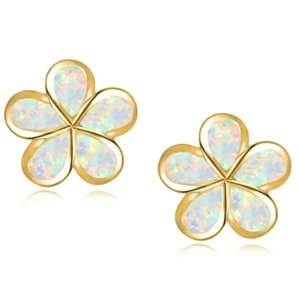 18K Yellow Gold with Genuine White Fire Opal Flower Post Back Stud Earrings